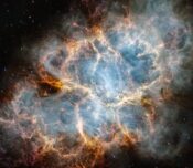 The NASA/ESA/CSA James Webb Space Telescope has gazed at the Crab Nebula in the search for answers about the supernova remnant’s origins. Webb’s NIRCam (Near-Infrared Camera) and MIRI (Mid-Infrared Instrument) have revealed new details in infrared light. Similar to the Hubble optical wavelength image released in 2005, with Webb the remnant appears to consist of a crisp, cage-like structure of fluffy red-orange filaments of gas that trace doubly ionised sulphur (sulphur III). Within the remnant’s interior, yellow-white and green fluffy ridges form large-scale loop-like structures, which represent areas where dust particles reside. The area is composed of translucent, milky material. This material is emitting synchrotron radiation, which is emitted across the electromagnetic spectrum but becomes particularly vibrant thanks to Webb’s sensitivity and spatial resolution. It is generated by particles accelerated to extremely high speeds as they wind around magnetic field lines. The synchrotron radiation can be traced throughout the majority of the Crab Nebula’s interior. Locate the wisps that follow a ripple-like pattern in the middle. In the centre of this ring-like structure is a bright white dot: a rapidly rotating neutron star. Further out from the core, follow the thin white ribbons of the radiation. The curvy wisps are closely grouped together, following different directions that mimic the structure of the pulsar’s magnetic field. Note how certain gas filaments are bluer in colour. These areas contain singly ionised iron (iron II).
