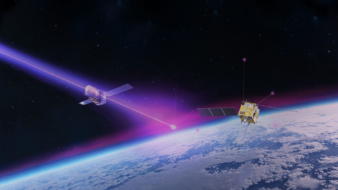 Illustrazione del lampo di raggi gamma che ha colpito la Terra il 9 ottobre 2022, è stato rivelato dal satellite ESA INTEGRAL e ha prodotto una forte perturbazione della parte più alta della ionosfera terrestre, registrata dal satellite CSES (CNSA-ASI). Crediti: ESA/ATG Europe; CC BY-SA 3.0 IGO