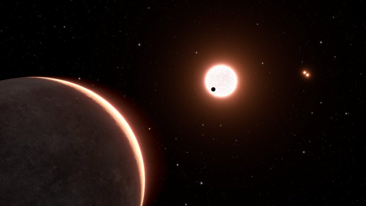 [Image description: This is an artist’s concept of nearby exoplanet LTT 1445Ac, which appears as a large whitish-orange disk at lower left. The rocky planet orbits a red dwarf star which is a bright red sphere in the image centre. The star is in a triple system, with two closely orbiting red dwarfs – a pair of red dots – seen at upper right.]