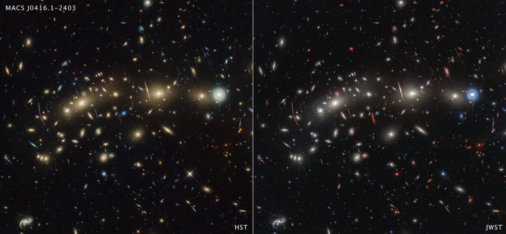 Two side-by-side photos of the same region of space. The left image is labelled “HST” and the right image “JWST.” In the middle of both, stretching from left to right, is a collection of dozens of yellowish spiral and elliptical galaxies that form a foreground galaxy cluster. A variety of galaxies of various shapes are scattered across the image, making it feel densely populated. The JWST image contains a number of red galaxies that are invisible or only barely visible in the HST image.