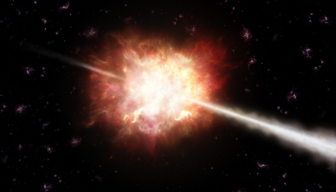 GRB 221009A immagine artistica di un lampo di raggi gamma (GRB). Crediti: ESO/A. Roquette