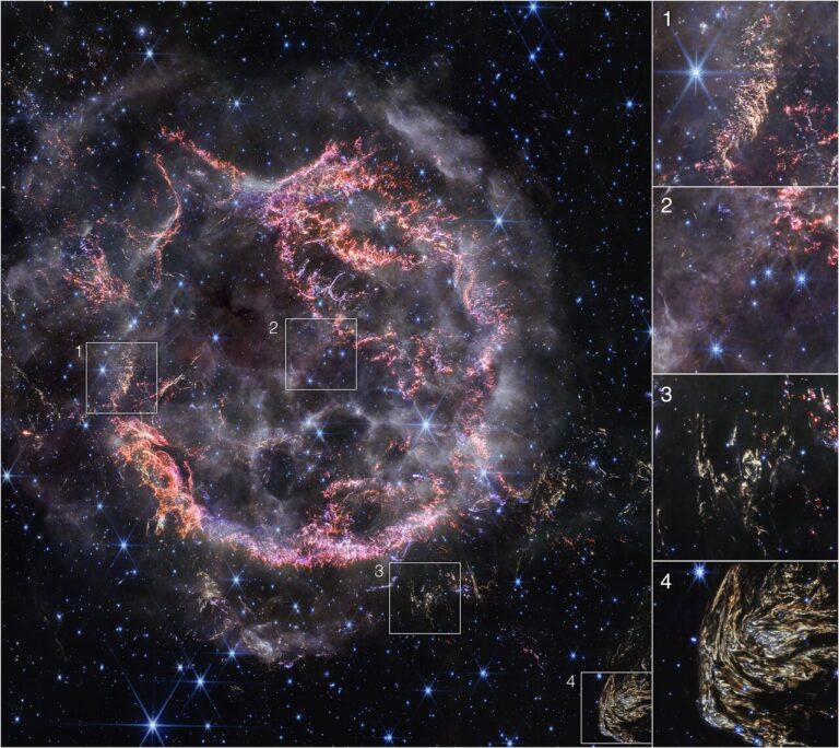 The image is split into five boxes. A large image at the left-hand side takes up most of the image. There are four images along the right-hand side in a column, which show zoomed-in areas of the larger square image on the left. The image on the left shows a roughly circular cloud of gas and dust with a complex structure, with an inner shell of bright pink and orange filaments that look like tiny pieces of shattered glass. A zoom-in of this material appears in the box labelled 1. Around the exterior of the inner shell in the main image there are wispy curtains of gas that look like campfire smoke. Box 2 is a zoom-in on these circles. Scattered outside the nebula in the main image are clumps of dust, coloured yellow in the image. Boxes 3 and 4 are zoomed-in areas of these clumps. Box 4 highlights a particularly large clump at the bottom right of the main image that is detailed and striated.