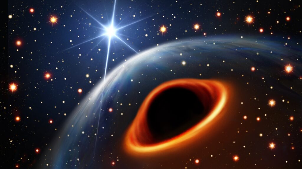 Rappresentazione artistica del sistema NGC 1851 partendo dal presupposto che la stella compagna massiccia sia un buco nero. La stella sullo sfondo, la più luminosa, è la sua compagna orbitale, la radio pulsar NGC 1851E. Le due stelle sono separate da 8 milioni di km e ruotano l’una attorno all’altra ogni 7 giorni. Credit: Daniëlle Futselaar (artsource.nl)