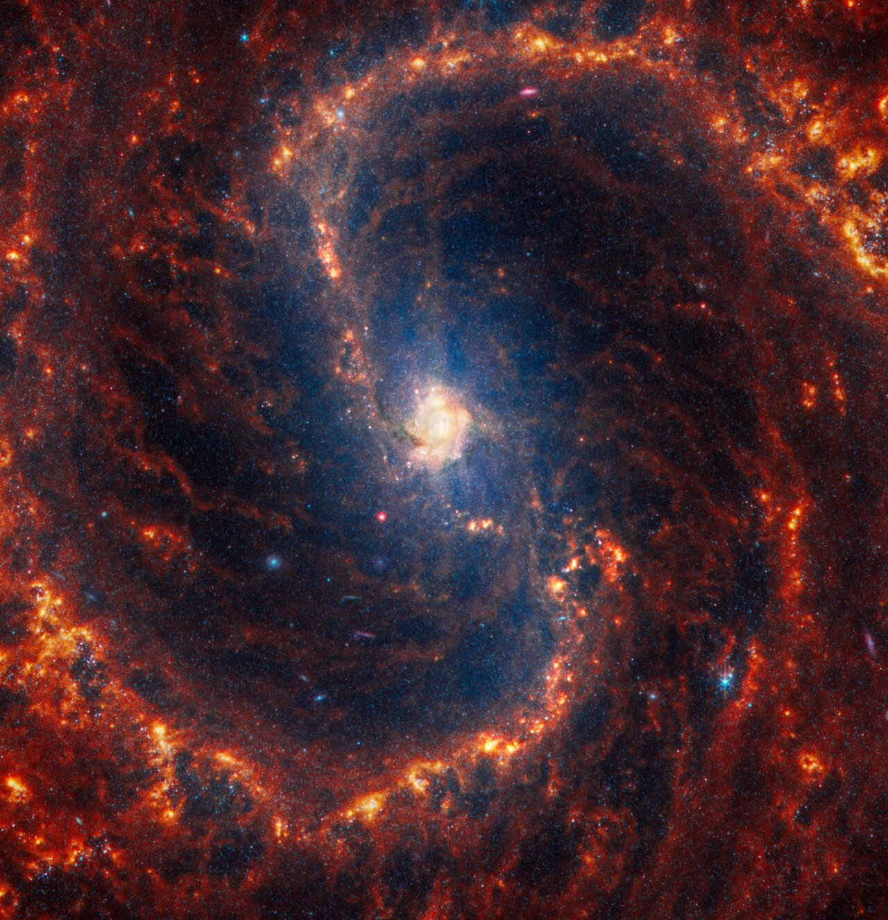 Webb’s image of NGC 4535 shows a densely populated face-on barred spiral galaxy anchored by its central region, which has a light orange haze. The galaxy’s core is centred and connected by an almost vertical bar structure to the galaxy’s two prominent spiral arms, which appear to rotate clockwise, forming an elongated S shape in shades of orange.