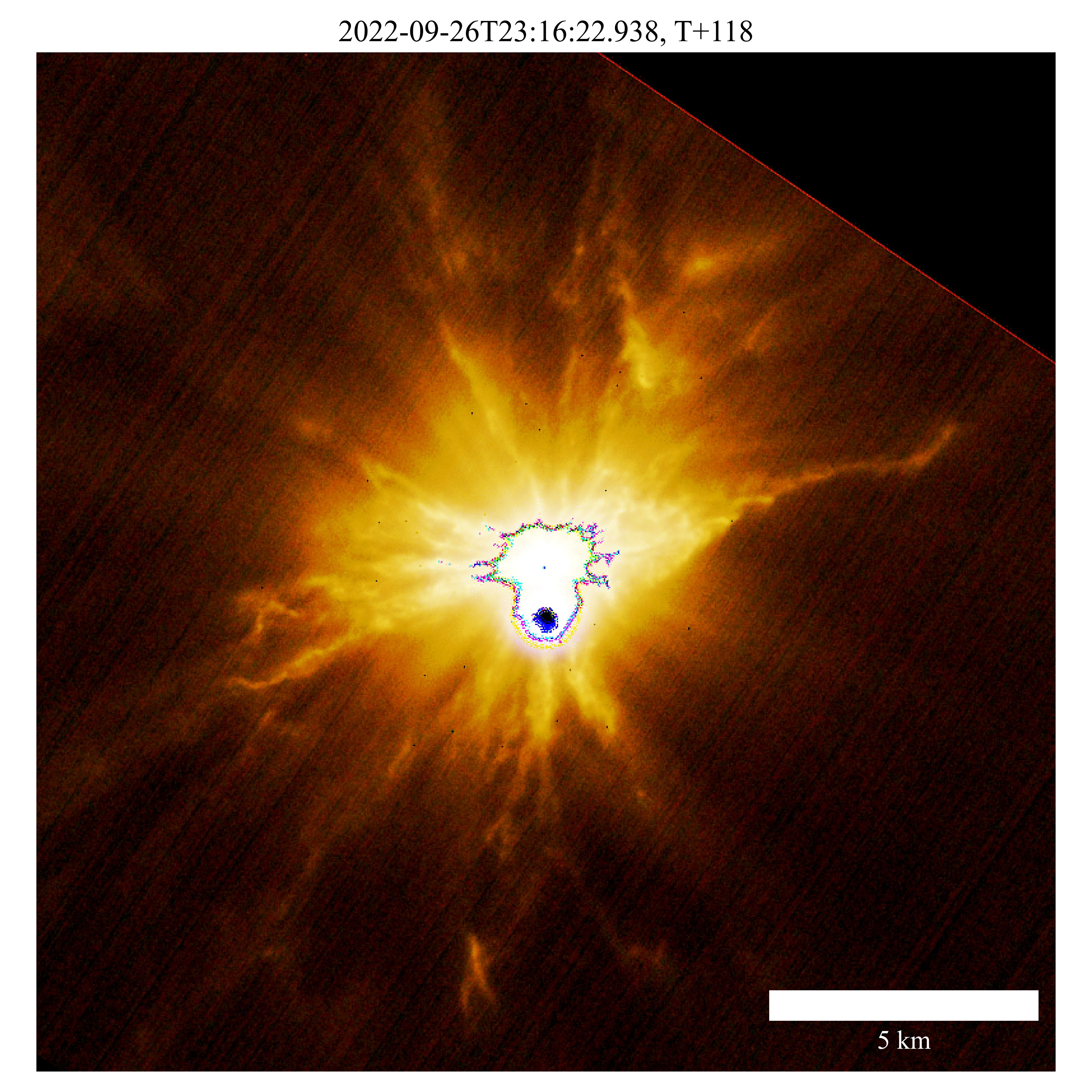 Alcune caratteristiche morfologiche misurate nella coda di materiale espulso dall’asteroide Dimorphos dallo strumento LUKE a bordo di LICIACube 118 s dopo l'impatto. La risoluzione spaziale dell'immagine è di 23 m per pixel a 304 km da Dimorphos. Tutti i fotogrammi sono stati ruotati e ricentrati rispetto a Dimorphos. Didymos e Dimorphos sono saturi. Crediti: E.Dotto/INAF/ASI