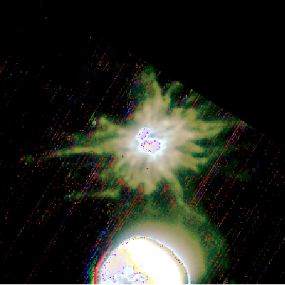 I flussi di polvere attorno a Dimorphos (in alto). In basso l’asteroide compagno Didymos. La risoluzione dell'immagine è di 7,5 m per pixel a 97 km da Dimorphos. Crediti: E.Dotto/INAF/ASI