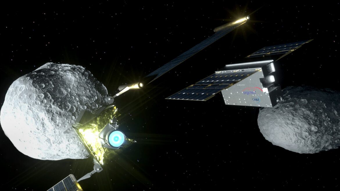 LICIACube pennacchi Dimorphos LICIACube è una missione dell'Agenzia Spaziale Italiana (ASI), parte integrante della missione NASA DART, il cui obiettivo è stato il primo test in scala reale della tecnica di impatto cinetico, a scopo di difesa planetaria. Crediti: ASI