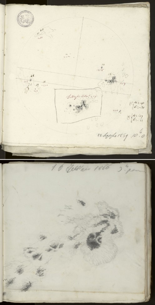 Esempi di disegni con viste dettagliate e ingrandite di gruppi di macchie solari realizzati il 28 agosto 1859 (in alto) e il 16 febbraio 1865 (in basso). Il primo è all'interno del disegno del disco intero del Sole osservato quel giorno, mentre il secondo è uno schizzo a sé stante. La regione di interesse nell'immagine in alto è quella che ha dato origine all'evento di Carrington del 1 settembre 1859.