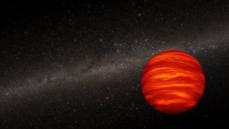 brown dwarfs once paired This artist’s representation shows a brown dwarf, an object more massive than a planet but smaller than a star. The dwarf is a cherry-red sphere. It has horizontal stripes of various shades of red that are cloud bands. In the dark background there are myriad stars that are inside our Milky Way galaxy.