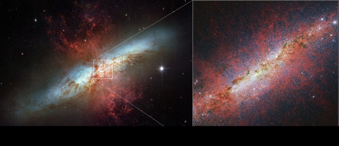 Left: Messier 82 as imaged by Hubble. Hour-glass-shaped red plumes of gas are shooting outward from above and below a bright blue, disc-shaped centre of a galaxy. This galaxy is surrounded by many white stars and set against the black background of space. Right: A section of Messier 82 as imaged by Webb. An edge-on spiral starburst galaxy with a bright white, glowing core set against the black background of space. A white band of the edge-on disc extends from lower left to upper right. Dark brown tendrils of dust are scattered thinly along this band. Many clumpy, red filaments extend vertically above and below the plane of the galaxy.
