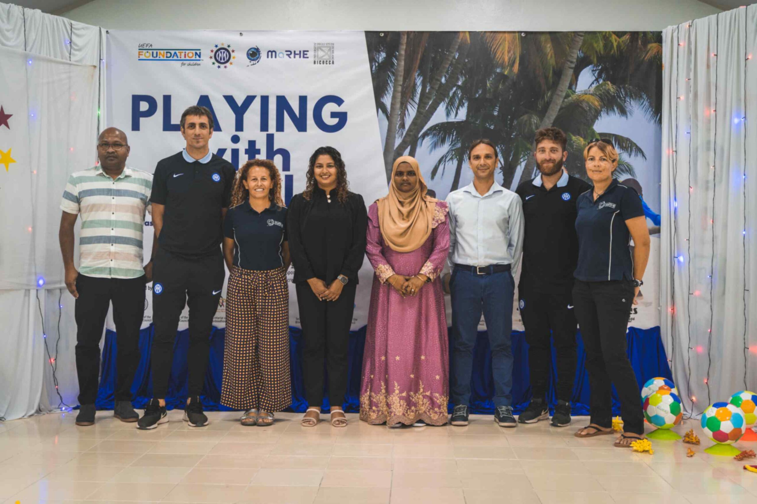 Cerimonia di apertura del progetto Inter Campus - Bicocca. Da sinistra: Shifa Mohamed; Stefano Capellini (Inter Campus) Federica Siena (Milano-Bicocca), Vice-ministro Sport Aminath Shajan, Presidente Atollo di Faafu Hawwa Abdul Azeez, Simone Montano (Milano-Bicocca), Juri Monzani (Inter Campus), Inga Dehnert (Milano-Bicocca)