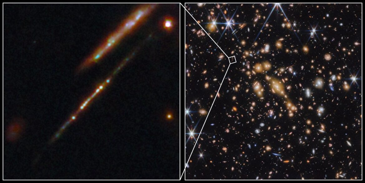 This image shows two panels. On the right is a field of many galaxies on the black background of space, known as the galaxy cluster SPT-CL J0615−5746. On the left is a callout image from a portion of this galaxy cluster showing two distinct lensed galaxies. The Cosmic Gems arc is shown with several galaxy clusters.
