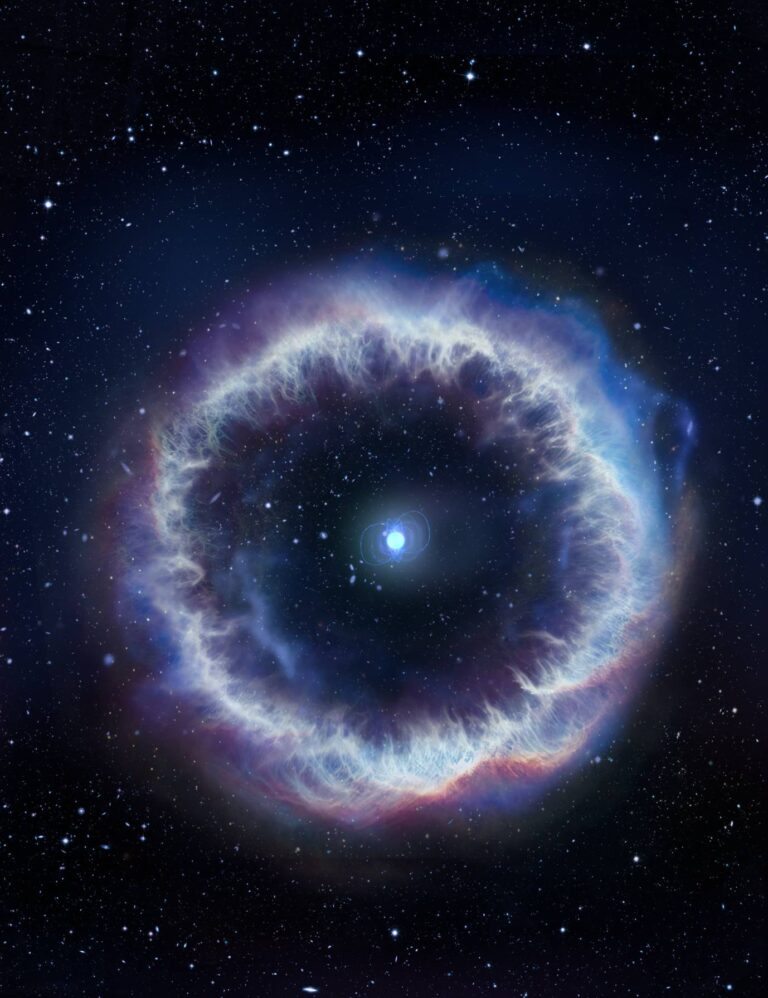 Illustrazione artistica di una magnetar, circondata dalla bolla di plasma responsabile dell’emissione persistente osservata in alcuni lampi radio veloci. Crediti: NSF/AUI/NRAO/S. Dagnello