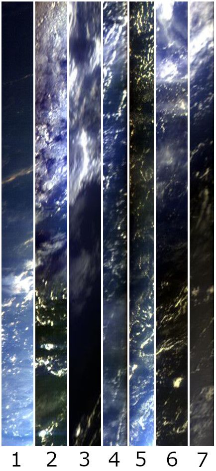 Una serie di 7 osservazioni effettuate in successione da MAJIS (su un totale di 19) acquisite durante il flyby della Terra il 20 agosto. La prima immagine rappresenta l'osservazione del lato notturno e termina con la parte diurna della Terra, corrispondente all'attraversamento del terminatore. Le variazioni di colore sono dovute alla presenza di nuvole e alle condizioni di illuminazione sopra l'Oceano Pacifico. La dimensione del pixel è compresa tra 1,3 e 1,5 km. Su alcune immagini (numero 4, 5 e 7) è stata applicata una selezione spaziale (una capacità molto utile dello strumento) per monitorare il potenziale segnale di luce parassita nei pixel fuori campo di MAJIS (colonne scure). Crediti: ESA/Juice/MAJIS team (IAS, INAF, CNES, ASI, ESA e altri partner internazionali)