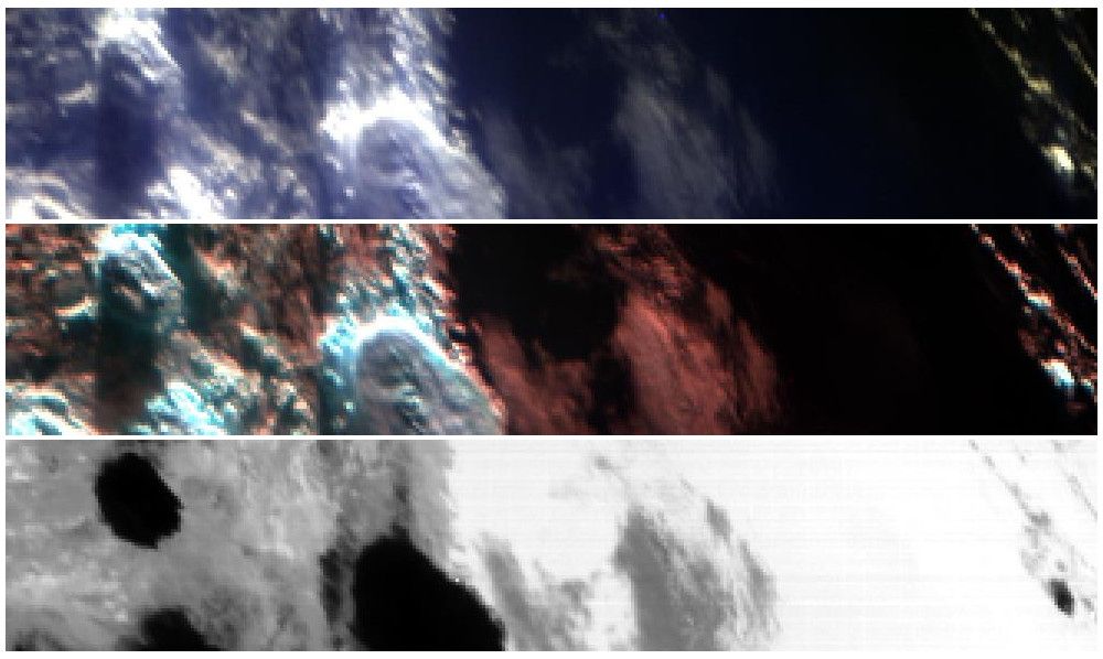 L'Oceano Pacifico visto da MAJIS il 20 agosto alle 21:36 da una distanza di 8700 km a diverse lunghezze d'onda selezionate per migliorare la variabilità della scena e la composizione. L'immagine 3 è stata acquisita nella lunghezza d'onda dell'infrarosso termico, che fornisce una mappa delle temperature della regione. Le macchie scure corrispondono a temperature più basse. Crediti: ESA/Juice/MAJIS team (IAS, INAF, CNES, ASI, ESA e altri partner internazionali)