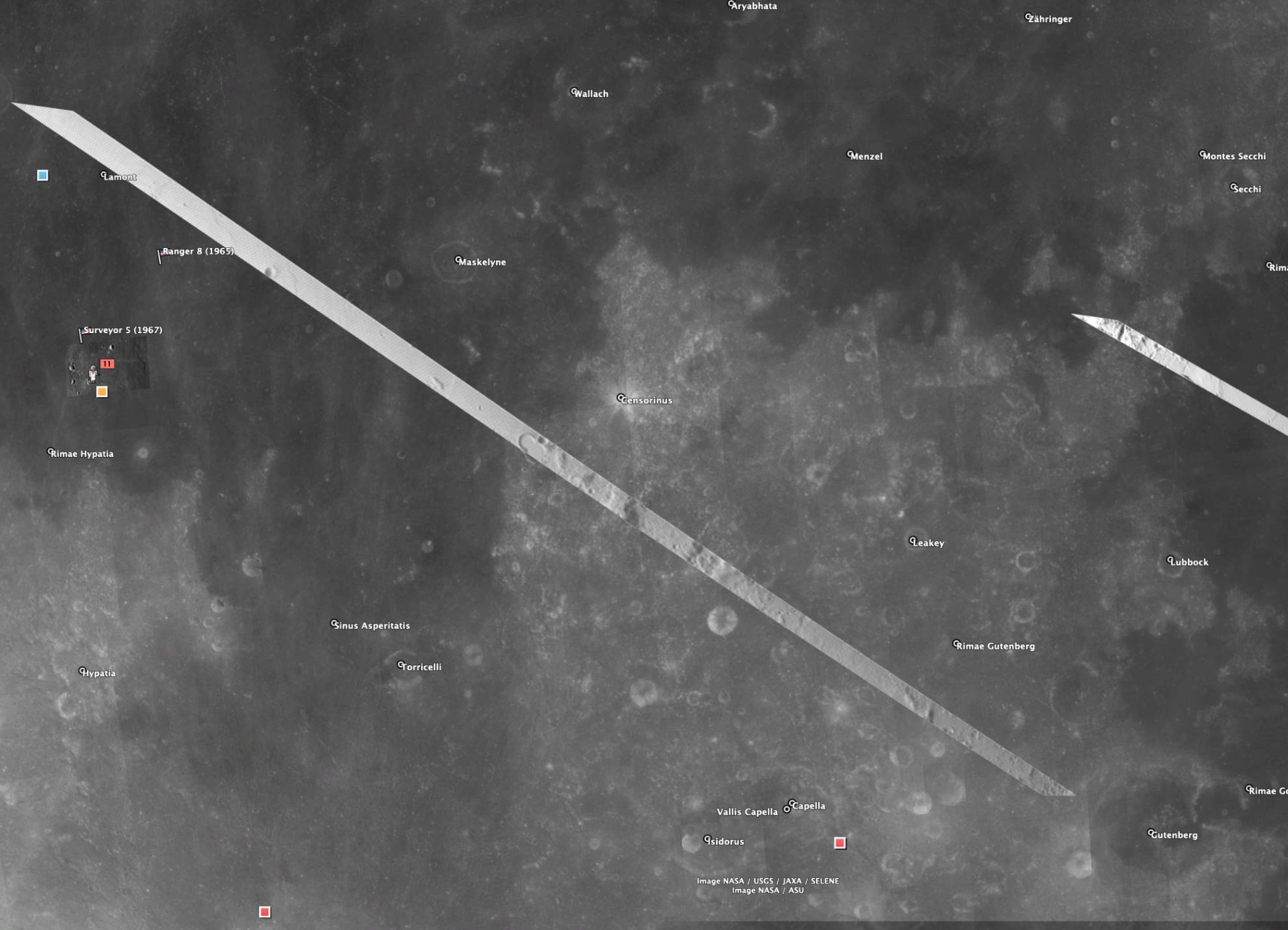 Immagine infrarossa di MAJIS sovrapposta alla mappa lunare di sfondo (Crediti: NASA/USGS/SELENE), dalle alte terre lunari (terreni più chiari) al Mare Tranquillitatis (terreni più scuri). Crediti: ESA/Juice/MAJIS team (IAS, INAF, LPG/Osuna, CNES, ASI, ESA, e altri partner internazionali)