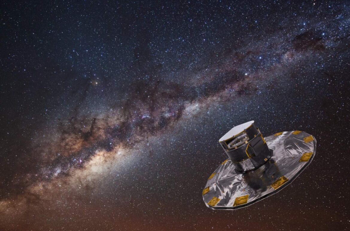 Il satellite Gaia dell’ESA che mappa le stelle della Via Lattea. Crediti: ESA/ATG medialab; background: ESO/S. Brunier