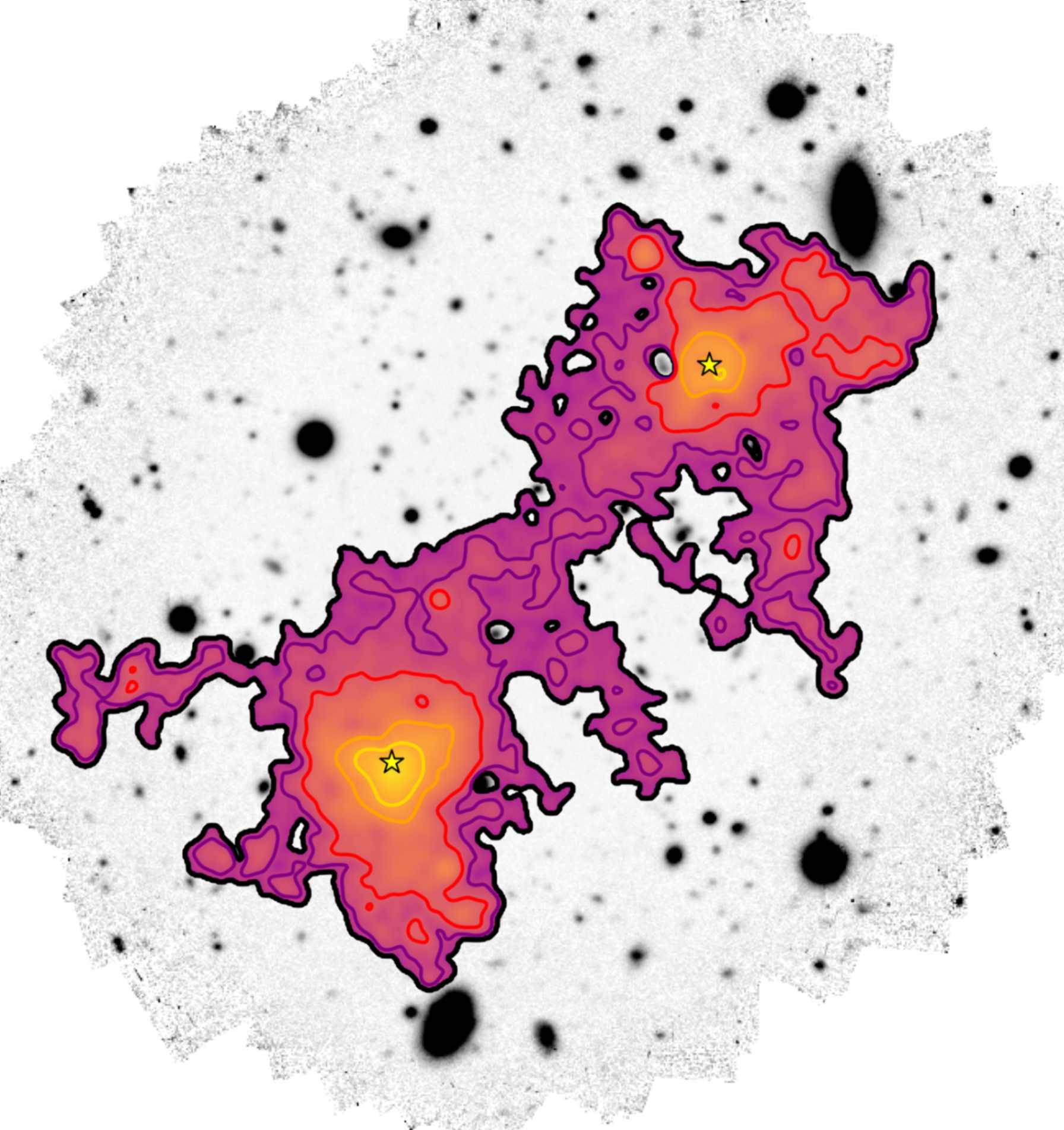 In rosso, l’immagine del gas diffuso contenuto all’interno del filamento cosmico che connette due galassie, evidenziate da una stella gialla, estendendosi su una vasta distanza di 3 milioni di anni luce. Credito: Davide Tornotti/Università di Milano-Bicocca