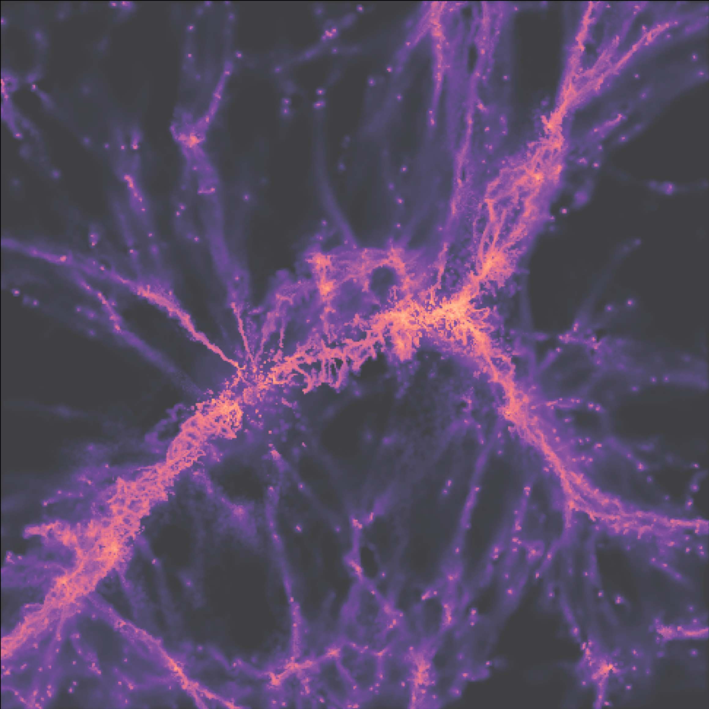 Gemello del filamento cosmico osservato nel MUDF come visto da una simulazione al super computer che descrive la distribuzione del gas su grandi scale nell’Universo. Visibile in viola è il gas che scorre all’interno della ragnatela cosmica, alimentando la formazione di galassie nei punti dove più filamenti convergono. Credito: Davide Tornotti/Università di Milano-Bicocca