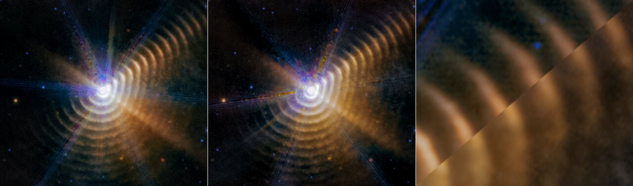 A three-part graphic showing observations of Wolf-Rayet 140, two massive stars with 17 dust shells around them. An inset appears at right, showing a portion of the two observations matched up to show that the arced dust has moved.