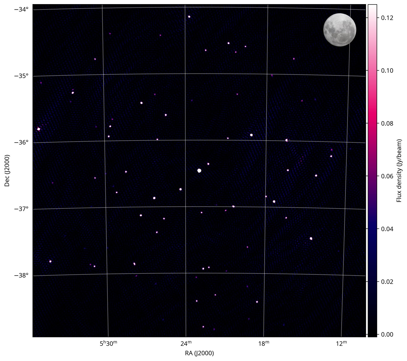 La prima immagine proveniente da una versione iniziale funzionante del radiotelescopio SKA-Low dell'Osservatorio SKA (SKAO), attualmente in costruzione nel territorio Wajarri Yamaji in Australia occidentale. L'immagine mostra circa 85 galassie in una porzione di cielo di 25 gradi quadrati — equivalente a 100 lune piene. I puntini nell'immagine sono alcune delle galassie più luminose dell'Universo osservate nelle lunghezze d'onda radio. Questi oggetti si trovano a miliardi di anni luce di distanza e ciascuna contiene un buco nero supermassiccio. Al centro dell'immagine si trova una delle poche galassie conosciute che espelle getti di materia visibili sia nella luce ottica che in quella radio. Una volta completato, il telescopio SKA-Low sarà abbastanza sensibile da rivelare fino a 600mila galassie nella stessa regione di cielo. Crediti: SKAO