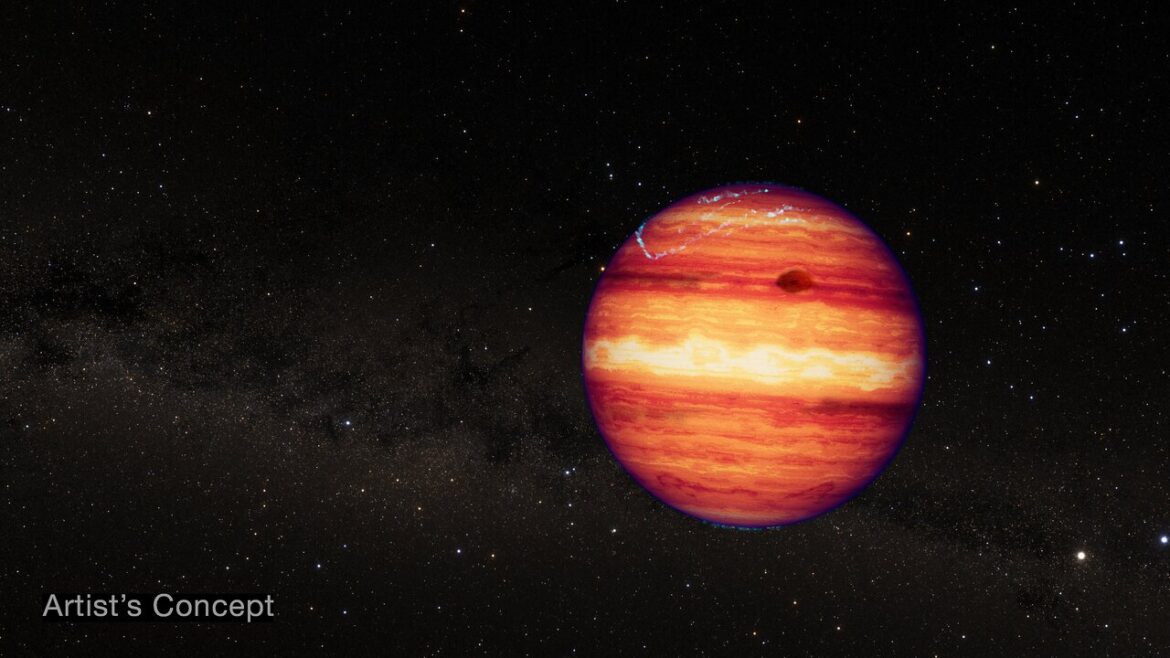 Illustration of a gas giant planet or brown dwarf on a background of distant stars.