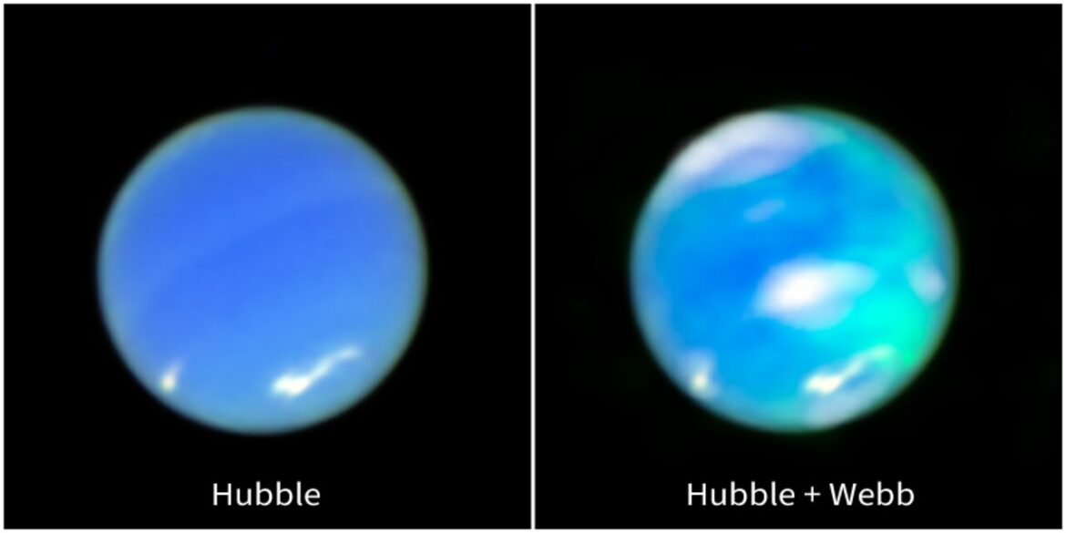 Neptune's auroras A two-panel horizontal image. On the left is Neptune observed by the Hubble Space Telescope. It is a blue circle, tilted about 25 degrees to the left. There are white smudges at 7 o’clock and just above 5 o’clock. At right is an opposing view of the planet, using data from Hubble and Webb. It is a multi-hued blue orb. There are white smudges in the same spots as the image on the left, but also at the center of the planet and at the top. There are cyan smudges vertically along the right side, and the top of these areas are more translucent than the bottom.