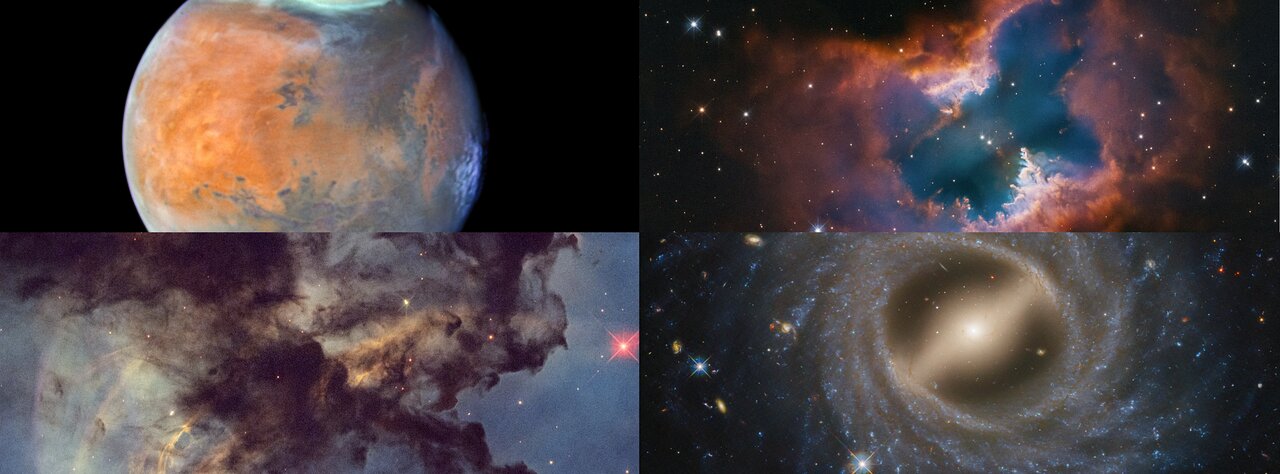 Composite shows four Hubble images in quarters. At top left is a crisp view of Mars in shades of orange, blues, and browns. At top right is planetary nebula NGC 2899, which is shaped like a single macaroni noodle, with its central torus appearing semi-transparent and blue/green, and top and bottom edges in orange. At bottom left is a tiny portion of the Rosette Nebula. Very dark gray material shaped like a V takes up the center. At bottom right is barred spiral galaxy NGC 5335 with a milky yellow center that forms a bar surrounded by multiple blue star-filled spiral that wrap up counterclockwise.
