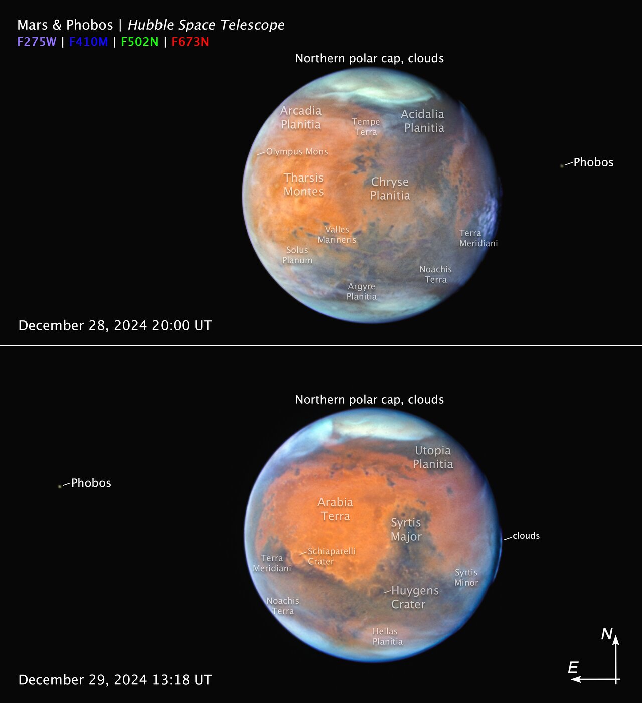 Two views of Mars. Top left text: Mars & Phobos, Hubble Space Telescope; filters in colors: F275W, purple; F410M, blue; F502N, green; F673N, red. Top image: December 28, 2024 20:00 UT. Most of the planet is shades of orange. The brightest orange area on the left half. At the top and bottom, white polar caps. Limb is blue. Text top center: northern polar cap, clouds. On planet, top to bottom, left to right: Arcadia Planitia, Tempe Terra, Acidalia Planitia; Olympus Monds; Tharsis Montes, Chryse Planitia; Valles Marineris, Terra Meridiana; Solus Planum; Argyre Planitia, Noachis Terra. To the right, dot: Phobos. Lower image: December 29, 2024 13:18 UT. Compass arrows at right, north pointing up, = east left. The planet has similar features; the brightest orange area is two centered two blobs. Text above Mars: northern polar cap, clouds. On-planet: Utopia Planitia; Arabia Terra, Syrtis Major; Terra Meridiani, Schiaparelli Crater, clouds; Noachis Terra, Huygens Crater, Syrtis Minor; Hellas Planitia. At left, dot: Phobos.