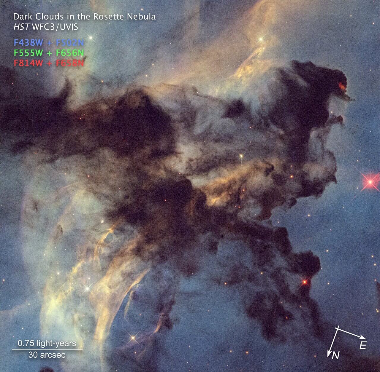 This is a Hubble Space Telescope photo of a small portion of the Rosette Nebula, a huge star-forming region spanning 100 light-years across and located 5,200 light-years away. Hubble zooms into a small portion of the nebula that is only 4 light-years across (the approximate distance between our Sun and the neighbouring Alpha Centauri star system.) Dark clouds of hydrogen gas laced with dust are silhouetted across the image. The clouds are being eroded and shaped by the seething radiation from the cluster of larger stars in the center of the nebula (NGC 2440). An embedded star seen at the tip of a dark cloud in the upper right portion of the image is launching jets of plasma that are crashing into the cold cloud around it. The resulting shock wave is causing a red glow. The colours come from the presence of hydrogen, oxygen, and nitrogen. Credit: NASA, ESA, STScI