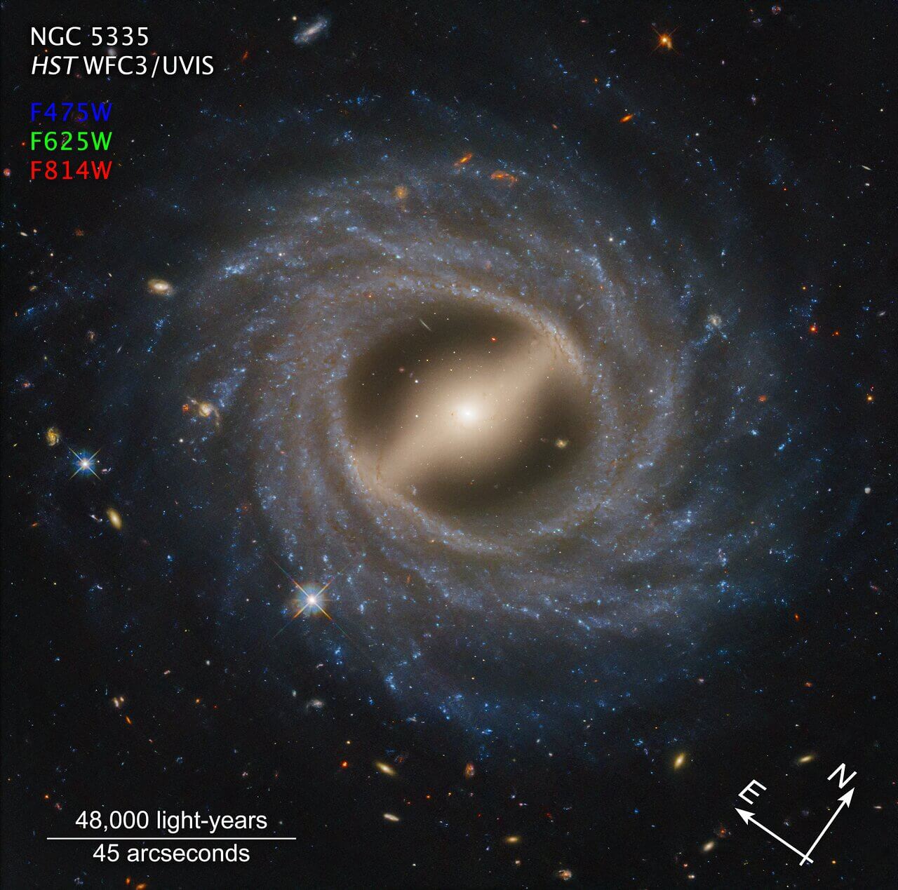 The Hubble Space Telescope captured in exquisite detail a face-on view of a remarkable-looking galaxy. NGC 5335 is categorized as a flocculent spiral galaxy with patchy streamers of star formation across its disk. There is a striking lack of well-defined spiral arms that are commonly found among galaxies, including our Milky Way. A notable bar structure slices across the center of the galaxy. The bar channels gas inwards toward the galactic center, fueling star formation. Such bars are dynamic in galaxies and may come and go over two-billion-year intervals. They appear in about 30 percent of observed galaxies, including our Milky Way. Credit: NASA, ESA, STScI