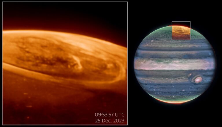 Webb reveals new details in Jupiter’s aurora On the right is the planet Jupiter as seen in near-infrared light. Its clouds are dark blue and white in colour, with some red spots within the clouds, while its poles are tinged with green, yellow and red. A box over the north pole is overlain with more data in shades of orange, displaying aurorae as arcs and rings on the planet. To left, this area is shown larger in size and captioned “09:53:57 25 Dec. 2023”.