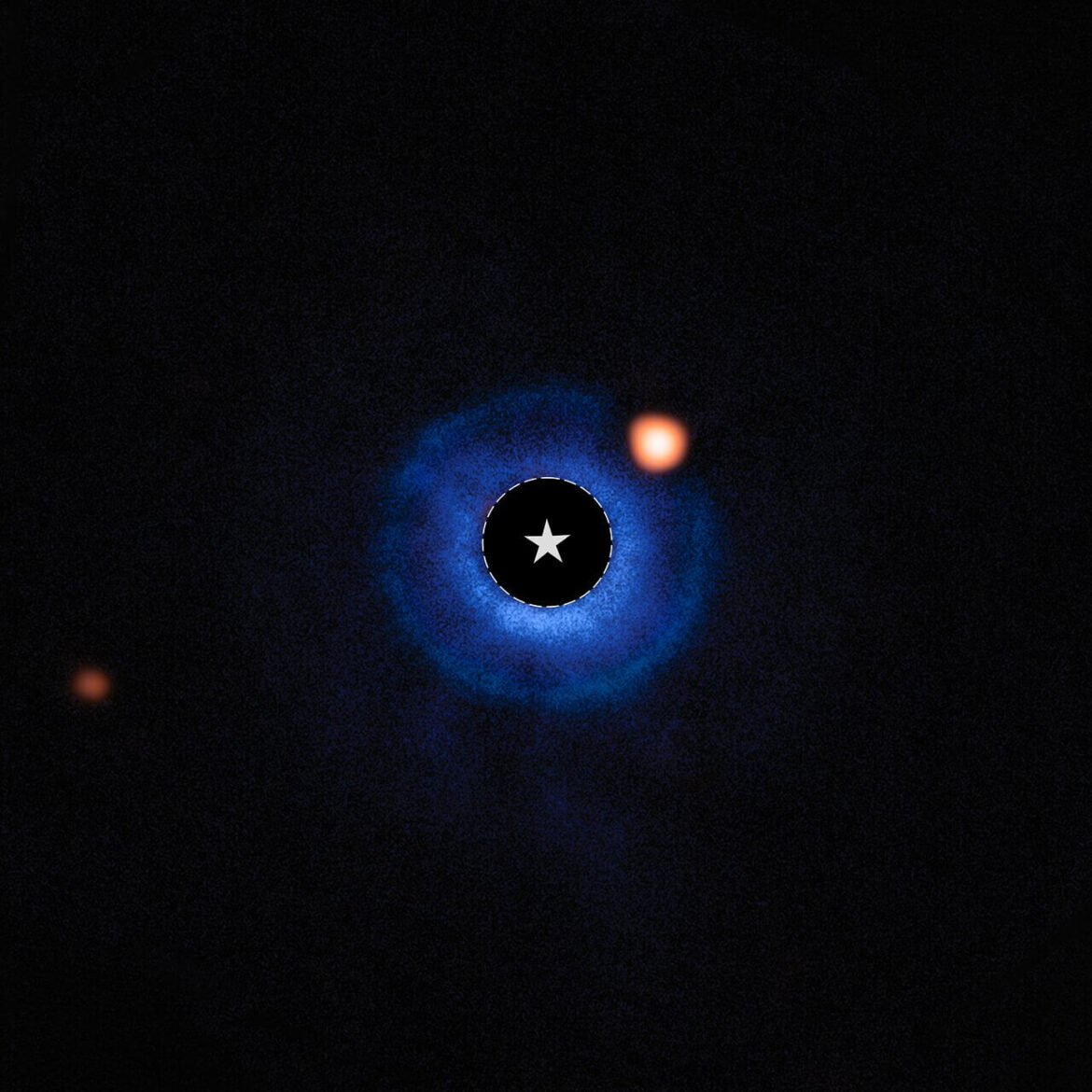 evidence of a planet around TWA 7 An image of a nearby star and its vicinity. The star itself has been blocked out and its bright light has been removed. A dashed circle with a star symbol at the centre of the image marks the star’s location. A fuzzy blue disc surrounds the star. An orange spot, near to the star and inside this disc, is identified as a planet orbiting the star. A fainter orange spot far from the centre marks a distant star.