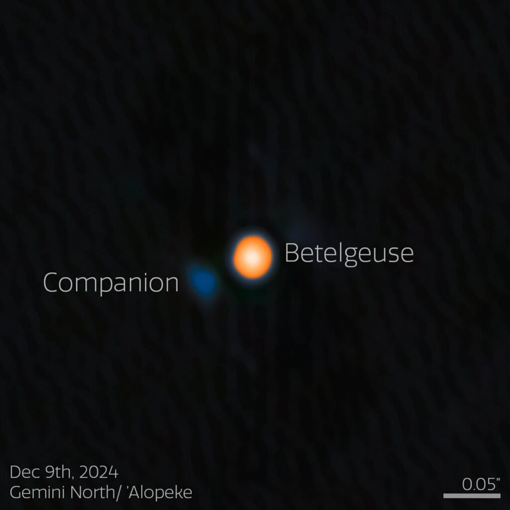 Using the NASA-NSF-funded ‘Alopeke instrument on the Gemini North telescope, one half of the International Gemini Observatory, partly funded by the U.S. National Science Foundation (NSF) and operated by NSF NOIRLab, astronomers have discovered a companion star in an incredibly tight orbit around Betelgeuse. This discovery answers the millennia-old question of why this famous star experiences a roughly six-year-long periodic change in its brightness, and provides insight into the physical mechanisms behind other variable red supergiants. The companion star appears blue here because, based on the team’s analysis, it is likely an A- or B-type star, both of which are blue-white due to their high temperatures.‘Alopeke is funded by the NASA-NSF Exoplanet Observational Research Program (NN-EXPLORE). Credit: International Gemini Observatory/NOIRLab/NSF/AURA Image Processing: M. Zamani (NSF NOIRLab)