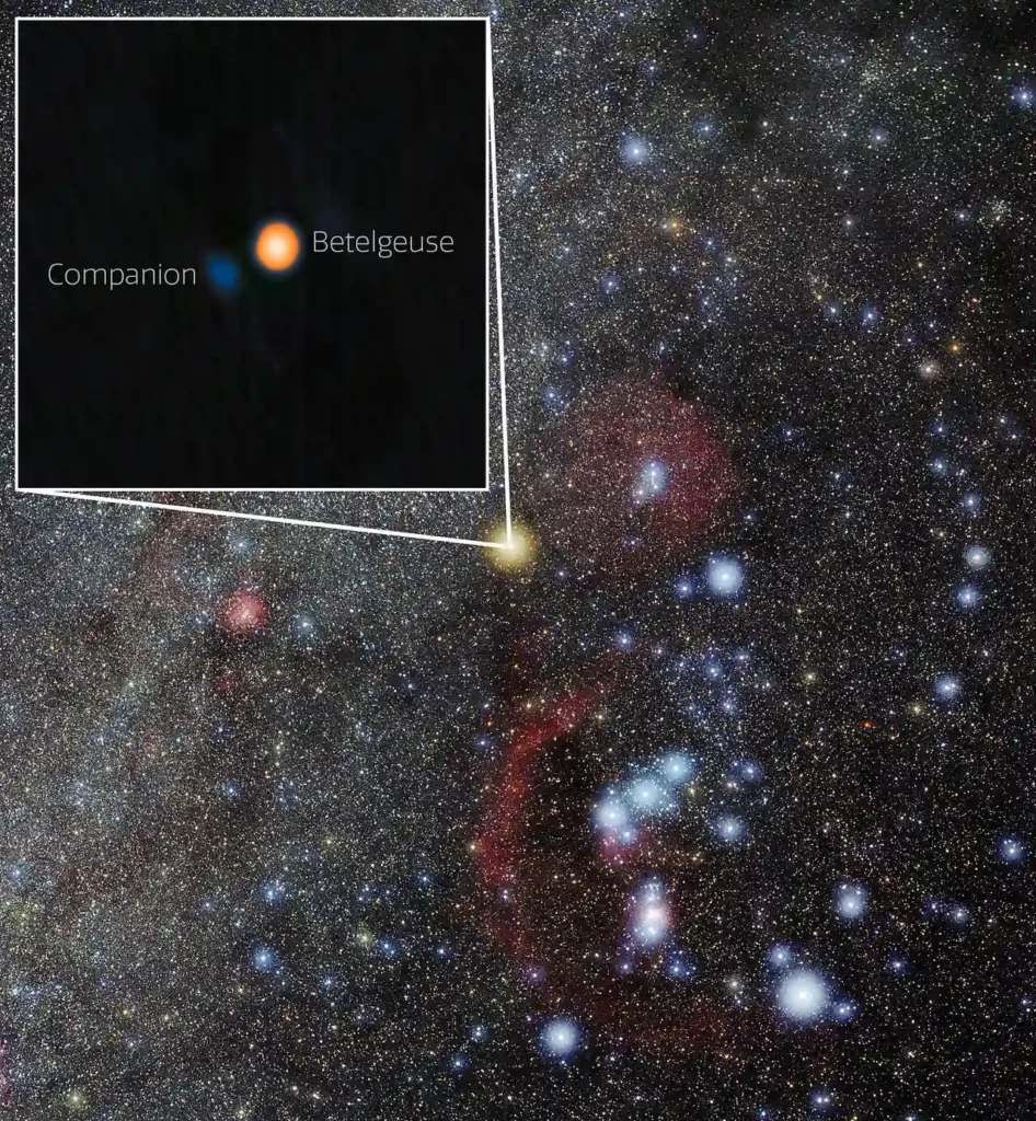 Using the NASA-NSF-funded ‘Alopeke instrument on the Gemini North telescope, one half of the International Gemini Observatory, partly funded by the U.S. National Science Foundation (NSF) and operated by NSF NOIRLab, astronomers have discovered a companion star in an incredibly tight orbit around Betelgeuse. This discovery answers the millennia-old question of why this famous star experiences a roughly six-year-long periodic change in its brightness, and provides insight into the physical mechanisms behind other variable red supergiants. The companion star appears blue here because, based on the team’s analysis, it is likely an A- or B-type star, both of which are blue-white due to their high temperatures.‘Alopeke is funded by the NASA-NSF Exoplanet Observational Research Program (NN-EXPLORE). Credit: International Gemini Observatory/NOIRLab/NSF/AURA Image Processing: M. Zamani (NSF NOIRLab)