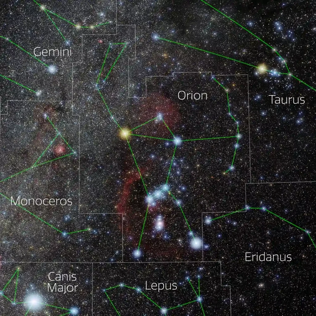 Photo of the constellation Orion with annotations from IAU and Sky & Telescope. Credit: E. Slawik/NOIRLab/NSF/AURA/M. Zamani