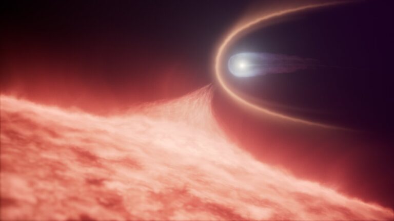 WD 0525+526 This illustration depicts a white dwarf star siphoning material off of a red giant star. The white dwarf has a long tail behind it and an orange shockwave in front of it as it flies through the extended atmosphere of the red giant, shown as a red glow. A broad stream of red gas is being pulled up from the red giant’s surface to the white dwarf.