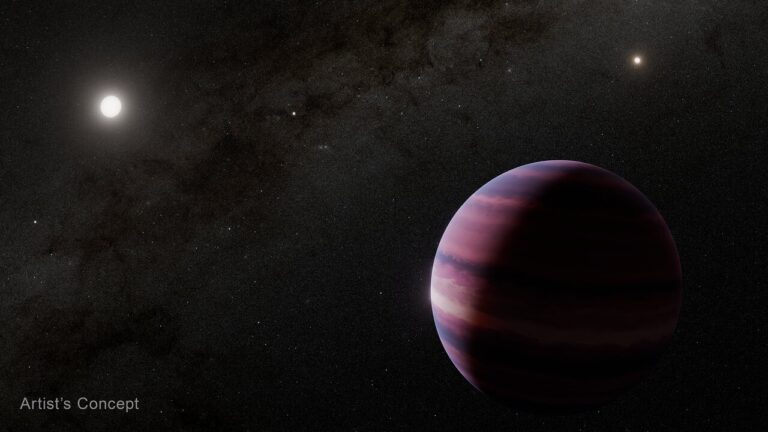 Webb finds new evidence for a gas giant orbiting Alpha Centauri A Illustration of a large spherical object that looks like a gas giant planet. The object appears to have bands of tan, orange, and dark red horizontal lines forming patterns similar to those in the atmosphere of Jupiter. The background is filled with thousands of distant stars that form a Milky Way-like band running from left to right. The host star, Alpha Centauri A, appears as a glowing white circle to the upper left of the planet. Further off in the distance above and to the right of the planet is a smaller glowing circle, nearby Alpha Centauri B. The words “Artist’s Concept” are in the lower left corner.