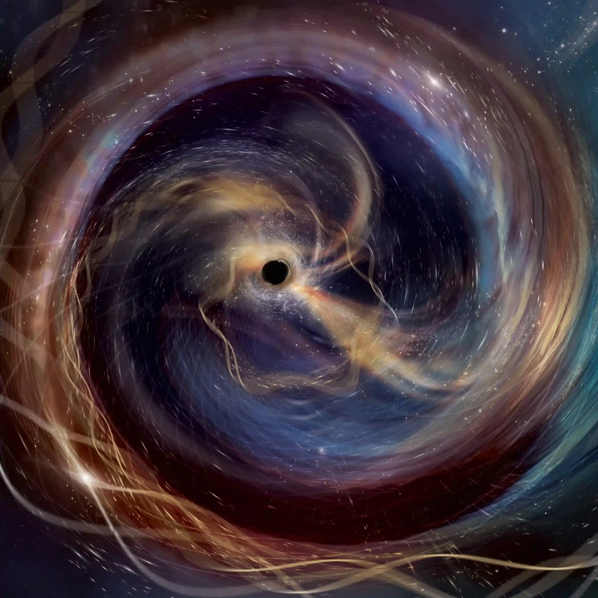 Una sinfonia cosmica rivelata Quest'opera d'arte ci immerge in GW250114, una potente collisione tra due buchi neri osservata con le onde gravitazionali dal progetto LIGO della National Science Foundation statunitense. Raffigura la vista da uno dei buchi neri mentre si dirige a spirale verso il suo partner cosmico. Dieci anni dopo la storica rilevazione delle onde gravitazionali da parte di LIGO, i rivelatori migliorati hanno permesso di "sentire" questa collisione celeste con una chiarezza senza precedenti. I dati sulle onde gravitazionali hanno permesso agli scienziati di distinguere molteplici toni che risuonano come una campana cosmica attraverso l'universo (immaginato qui come un intreccio di fili musicali che si dirigono a spirale verso il centro). Sebbene solo LIGO fosse online durante l’osservazione di GW250114, ora opera abitualmente come parte di una rete con altri rivelatori di onde gravitazionali, tra cui Virgo in Europa e KAGRA in Giappone. Credit immagine: Aurore Simonnet (SSU/EdEon)/LVK/URI