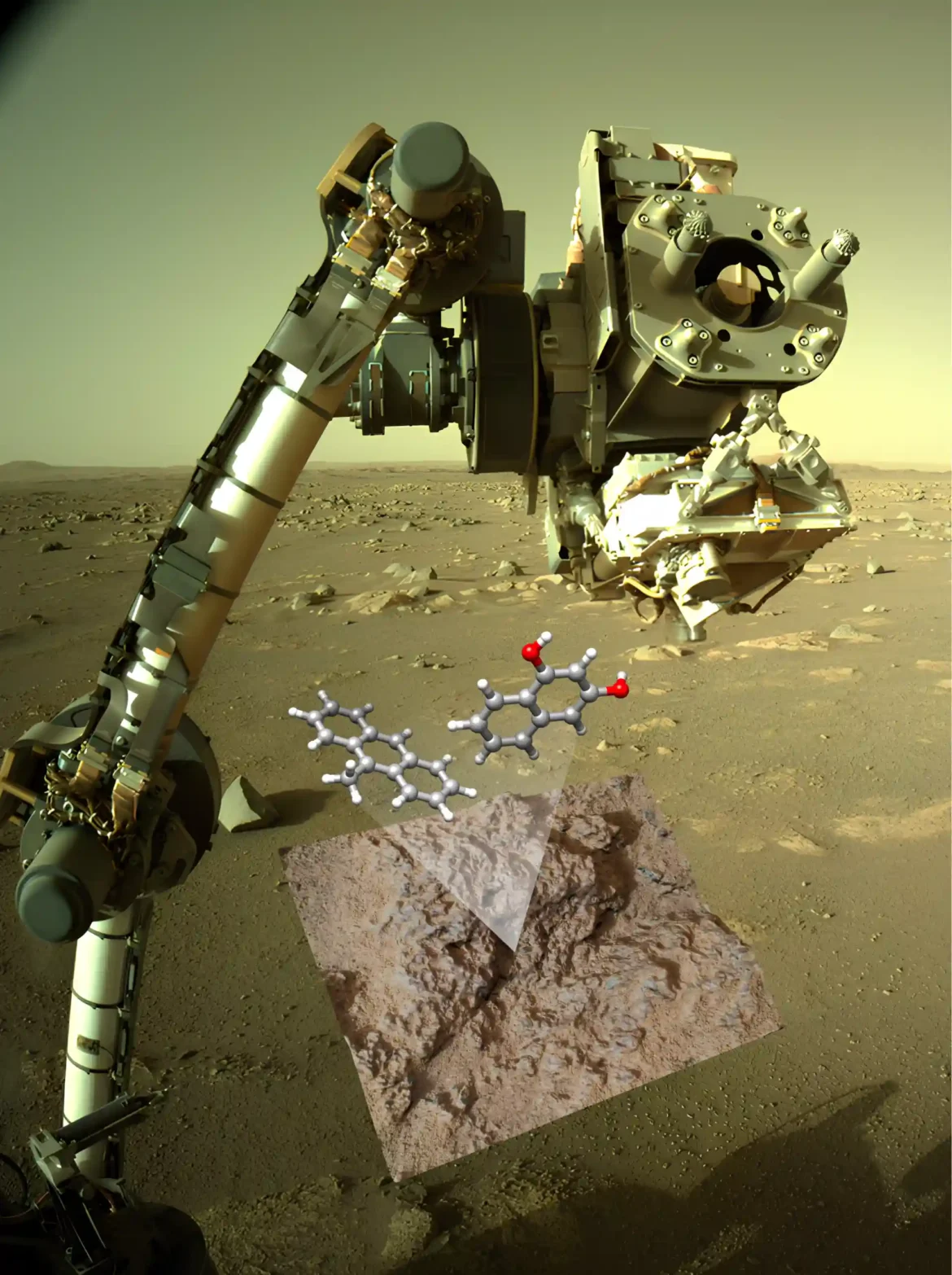Vista 3D del target Pilot Mountain, situato sulla sommità del ventaglio deltizio di Jezero crater, dove lo strumento Sherloc del rover Perseverance della NASA ha rilevato firme spettrali compatibili con idrocarburi policiclici aromatici all’interno di grani di solfato, suggerendo la preservazione di molecole organiche complesse in matrici minerali evaporitiche. Crediti: Teresa Fornaro, Andrew Alberini, Giovanni Poggiali, con modello 3D del target Pilot Mountain da: "M2020 WATSON -- Pilot Mountain, sol 874" (https://skfb.ly/oJWWx) by Mastcam-Z is licensed under Creative Commons Attribution (http://creativecommons.org/licenses/by/4.0/)