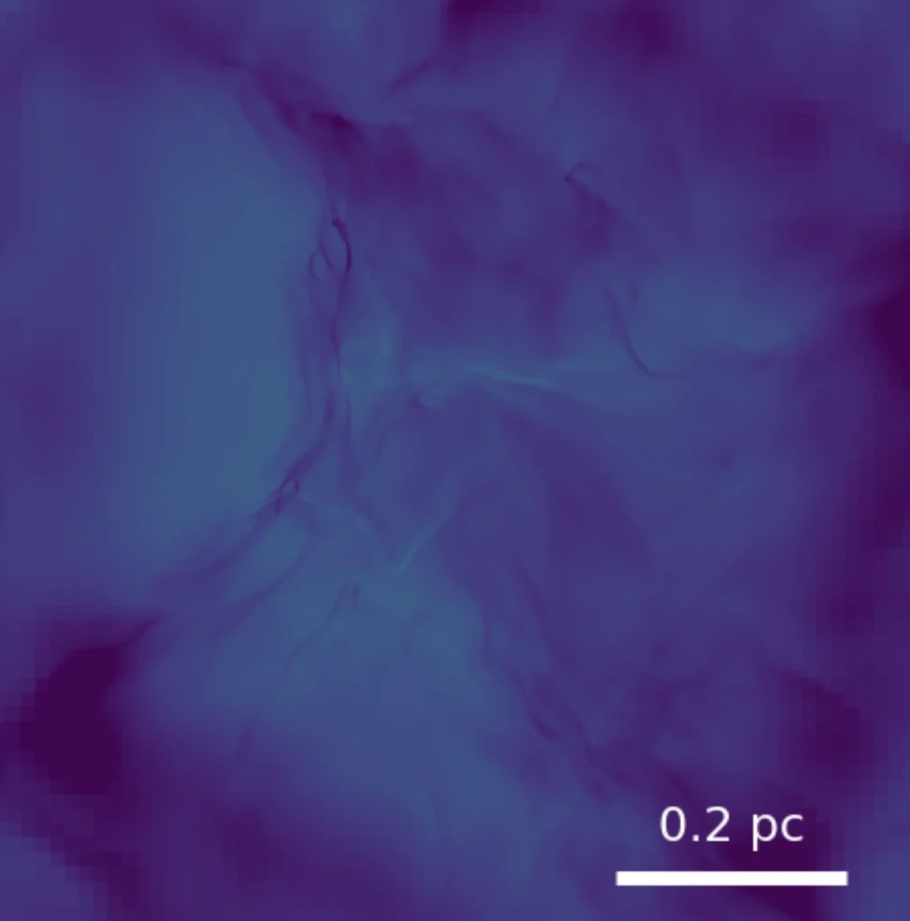 Immagine ingrandita di una delle simulazioni mostrate nell’immagine precedente. Si possono notare diverse strutture filamentose che ospitano i semi di formazione stellare e che si muovono convergendo verso i centri di attrazione gravitazionale maggiore. Crediti: Ugo Lebreuilly