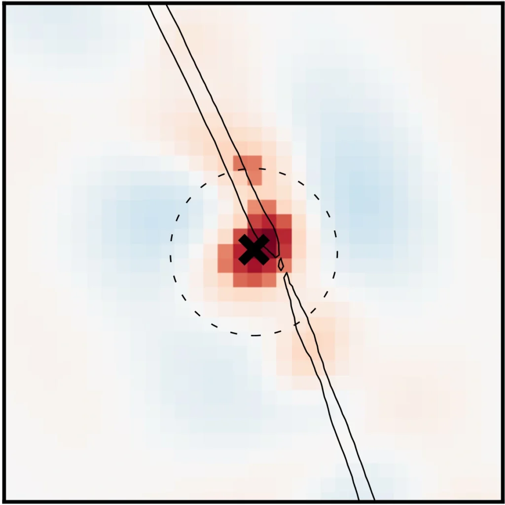 Immagine in falsi colori della sorgente compatta con massa pari a 1 milione di soli, identificata nello studio pubblicato su Nature Astronomy. Crediti: D. M. Powell, et al. / Nature Astronomy