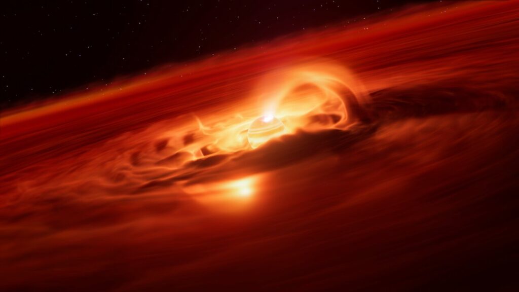 Rappresentazione artistica di Cha 1107-7626. Situato a circa 620 anni luce di distanza, questo pianeta vagabondo è circa 5-10 volte più massiccio di Giove e non orbita attorno a una stella. Sta divorando il materiale da un disco che lo circonda e, utilizzando il Very Large Telescope (Vlt) dell’Eso, gli astronomi hanno scoperto che lo sta facendo a una velocità di sei miliardi di tonnellate al secondo, la più alta mai rilevata per qualsiasi tipo di pianeta. Il team sospetta che forti campi magnetici potrebbero incanalare il materiale verso il pianeta, un fenomeno osservato solo nelle stelle. Crediti: ESO/L. Calçada/M. Kornmesser