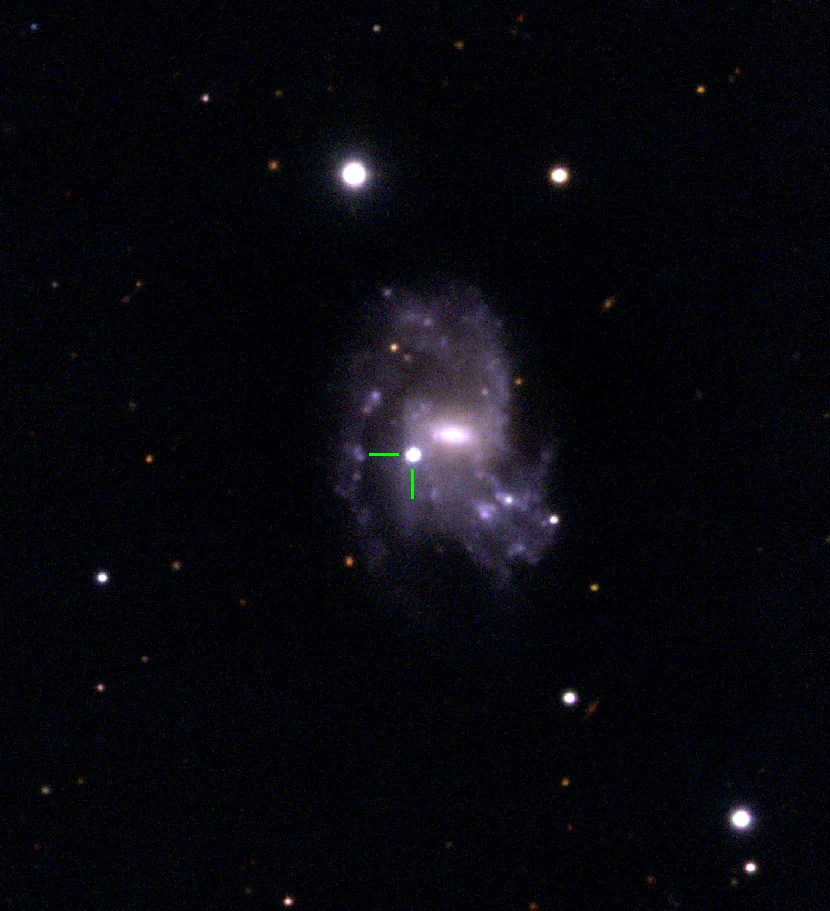 SN 2024bch, una supernova asociale: l’esplosione stellare che rifiuta l’interazione immagine a colori della galassia ospite di SN 2024bch (la supernova è indicata in verde), ottenuta sommando tre immagini in diversi filtri, acquisite con la camera AFOSC del telescopio Copernico, presso la stazione osservativa INAF di Asiago, gestita dall’Osservatorio Astronomico di Padova. Crediti: A. Reguitti / INAF